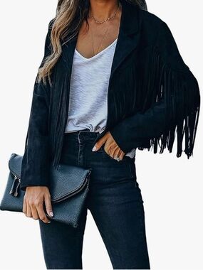Women's Suede Fringe Jacket Long Sleeve Slim Faux Leather Boyfriend Cropped Top